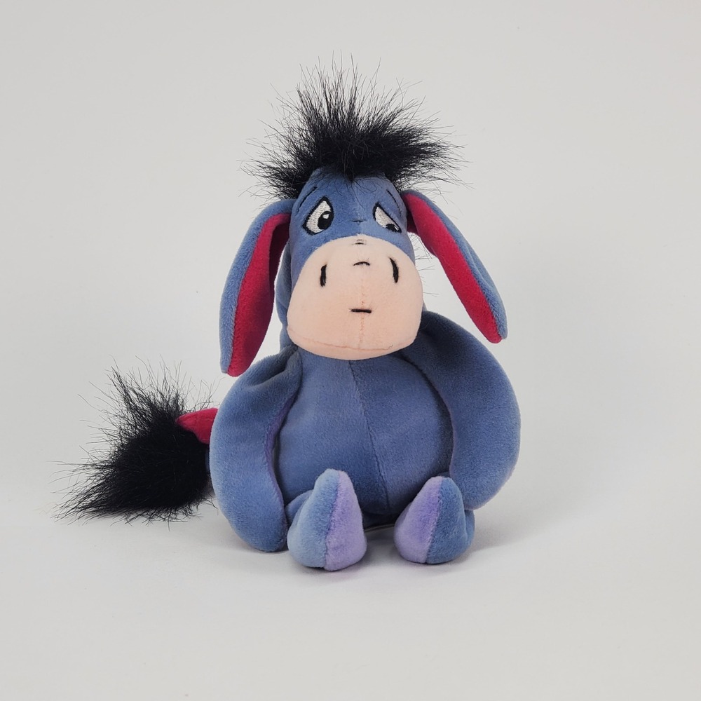 Disney Winnie the Pooh Eeyore Plush Bean Bag Toy Blue Pink Bow 8 Inch Vintage
